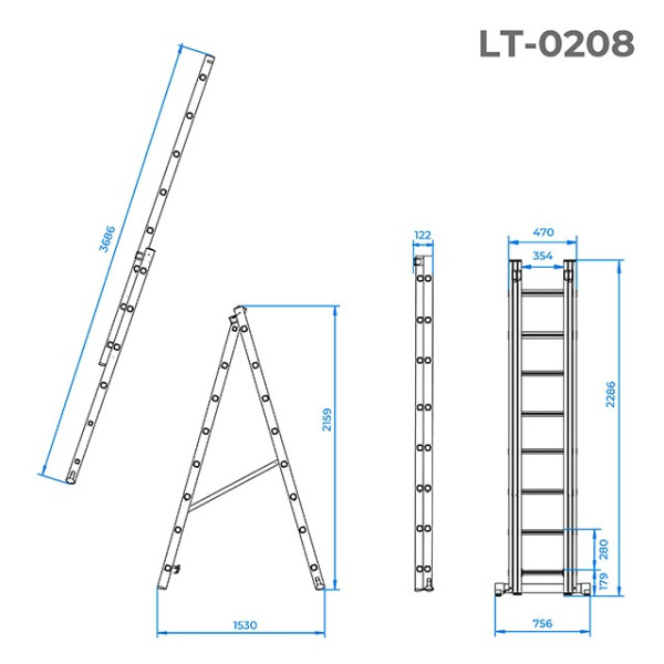 Aluminum ladder, 2-section universal folding, 2*8 steps, 3.69 m Intertool LT-0208