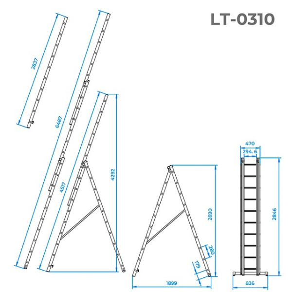 Aluminum ladder, 3-section universal folding, 3*10 steps, 6.48 m Intertool LT-0310