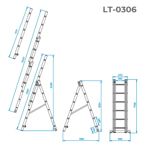Aluminum ladder, 3-section universal folding, 3*6 steps, 3.4 m Intertool LT-0306