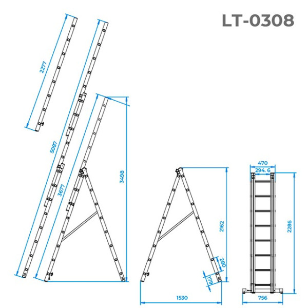 Aluminum ladder, 3-section universal folding, 3*8 steps, 5.09 m Intertool LT-0308