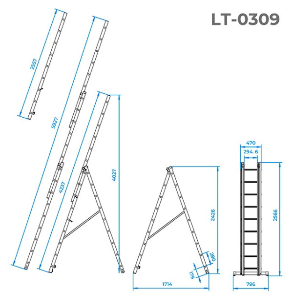 Aluminum ladder, 3-section universal folding, 3*9 steps, 5.93 m Intertool LT-0309