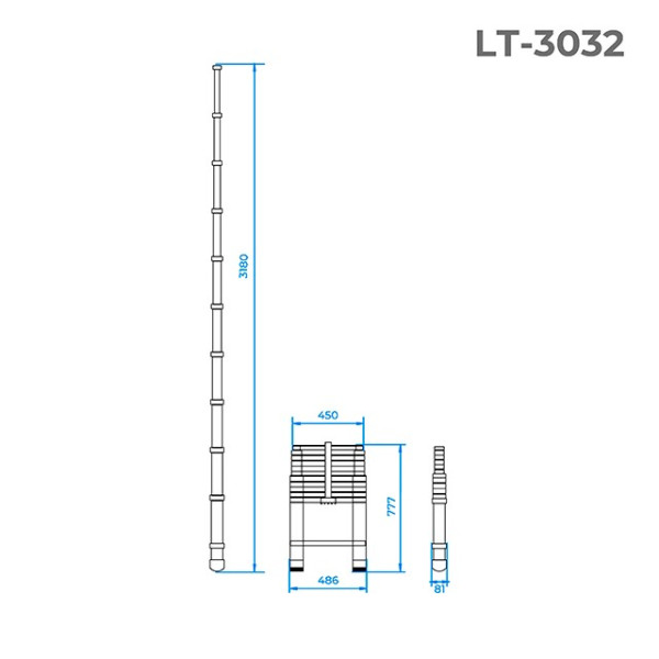 Aluminum ladder, telescopic 10 steps, 3.20 m Intertool LT-3032