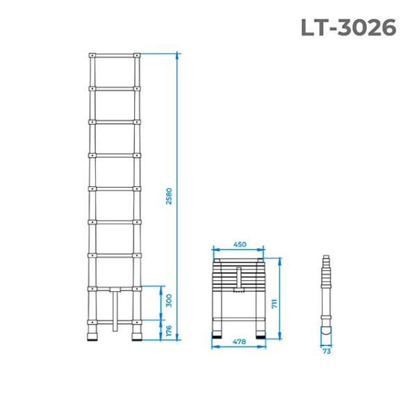 Лестница из алюминия, телескопическая 8 сход., 2,5м Intertool LT-3026