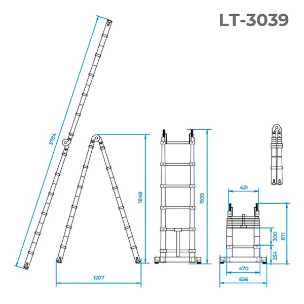Aluminum ladder, universal, folding, telescopic 12 steps, 3.85 m Intertool LT-3039