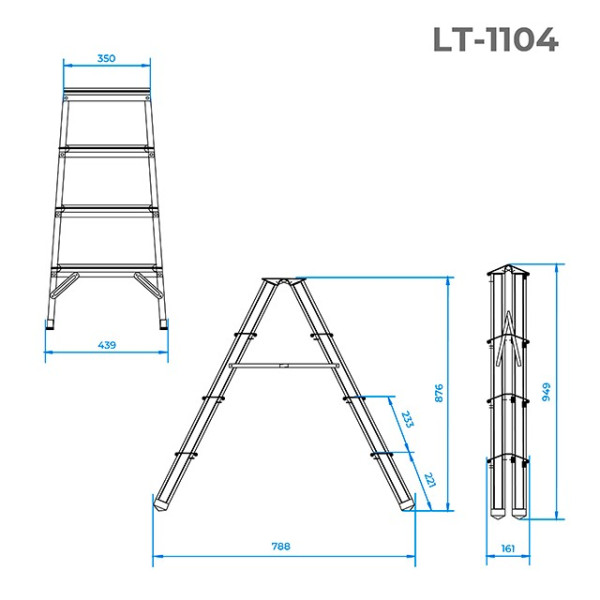 Double-sided aluminum stepladder 4 steps, height 880 mm Intertool LT-1104