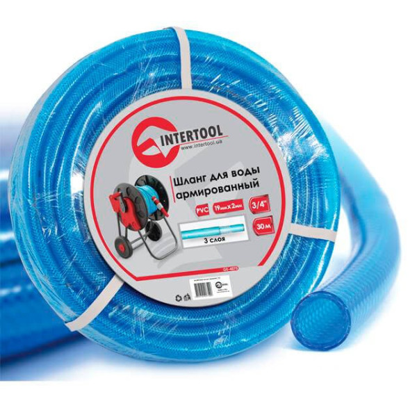 Шланг для воды трехслойный, синий, 3/4, 30 м, армированный, PVC Intertool GE-4075